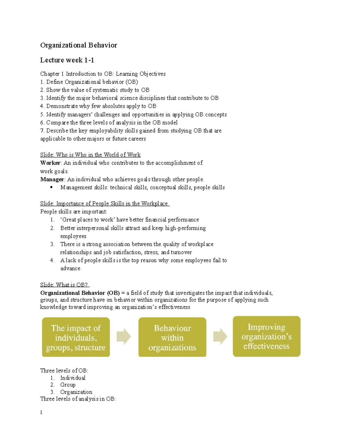 OB 101: Lecture Notes on Organizational Behavior - Chapter 1 Overview ...