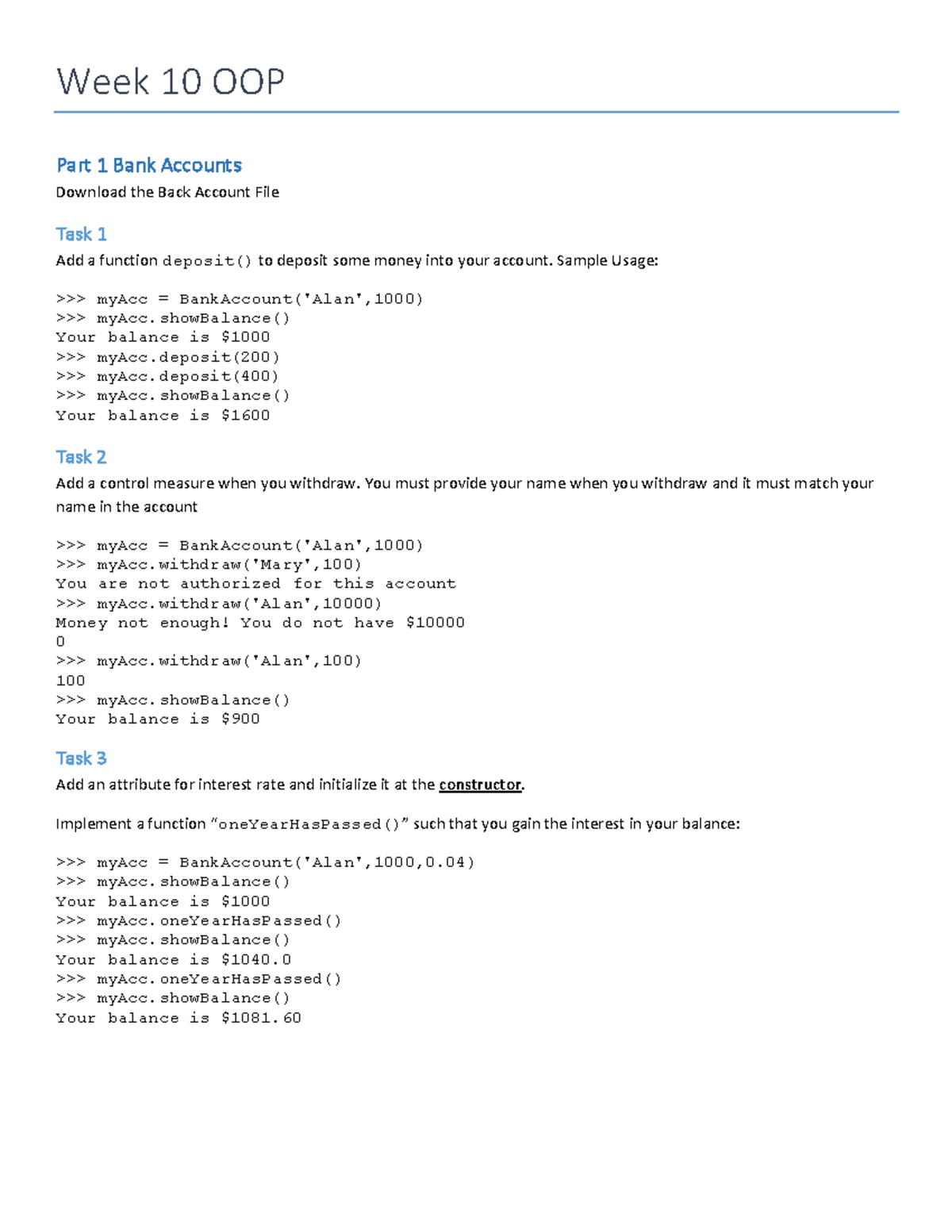 Week 10 OOP Part 1: Bank Accounts Tutorial Worksheet - Studocu