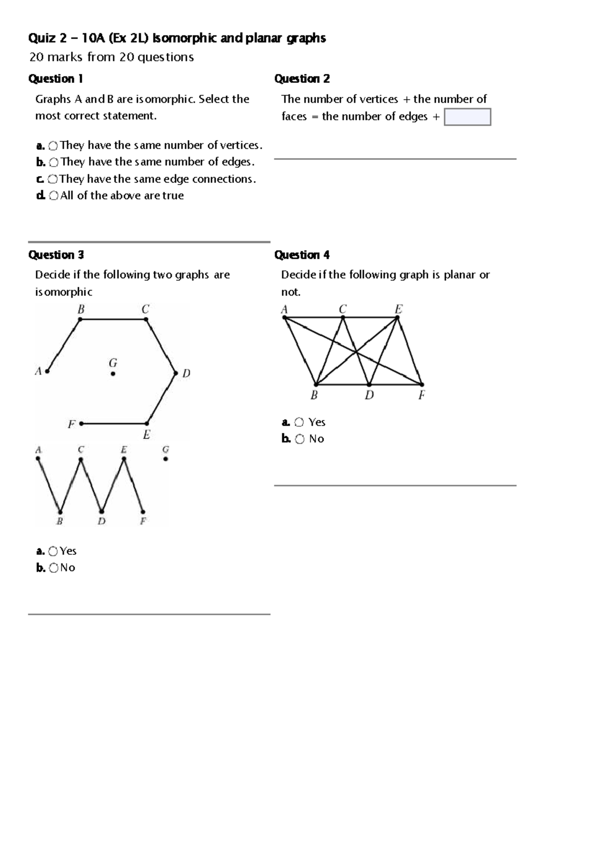 Quiz 2 (Ex 2L) - Isomorphic and Planar Graphs Analysis - Studocu