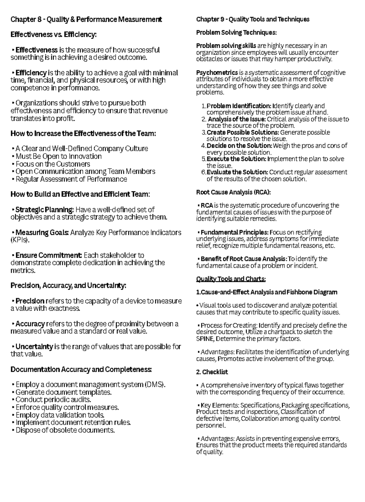 TQM Review: Chapters 8-10 Quality Performance & Management Techniques ...