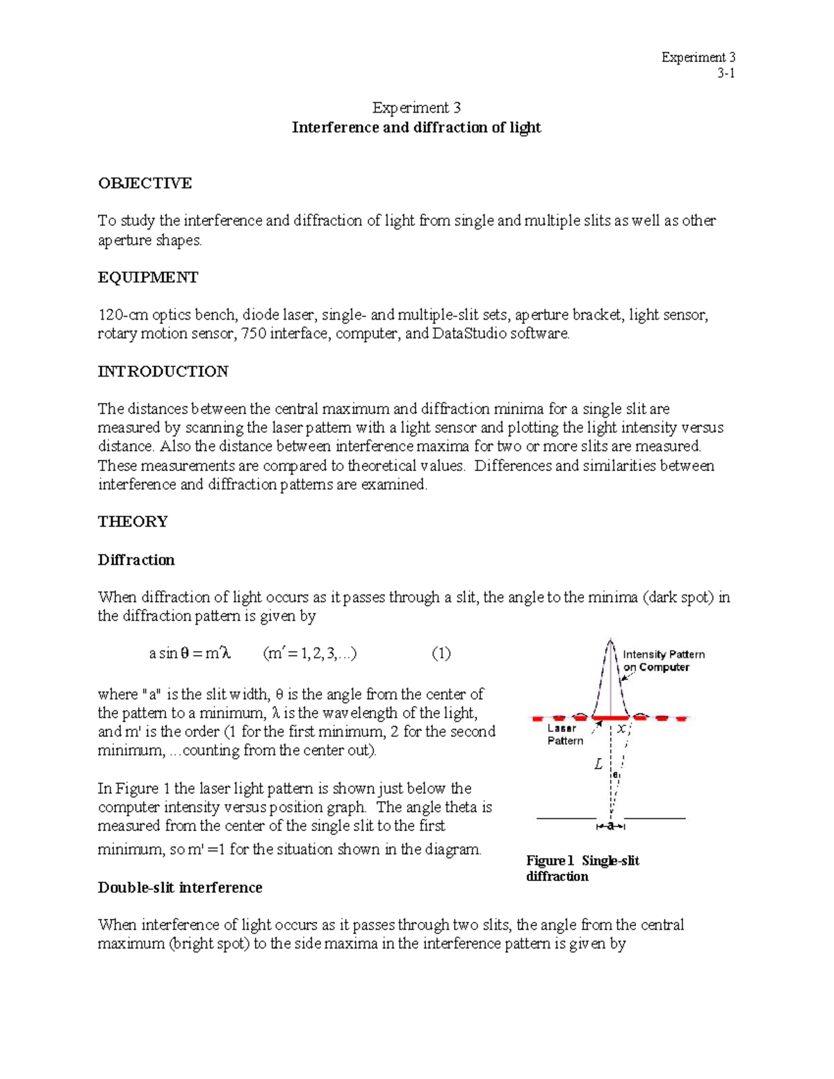 06 lightdiffraction - lab - 3- Experiment 3 Interference and ...