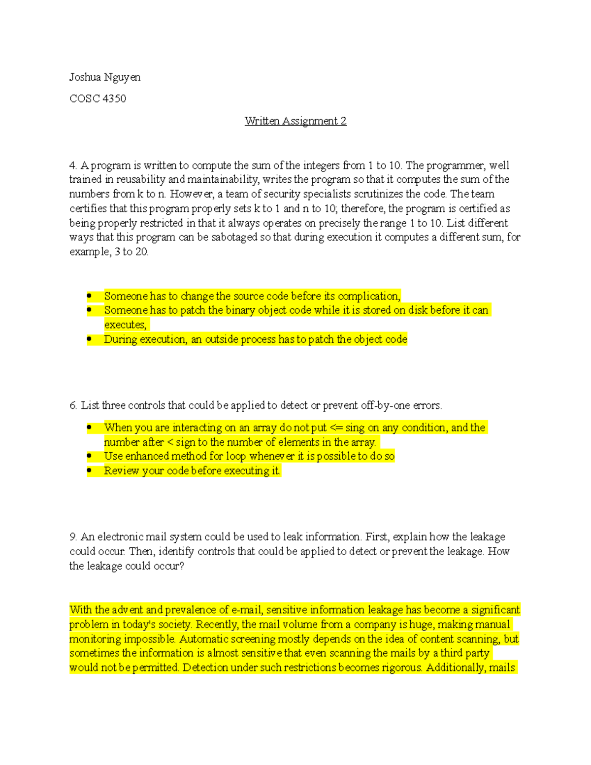 COSC 4350 Week 5 Written Assignment 2: Program Security & Email Leakage ...
