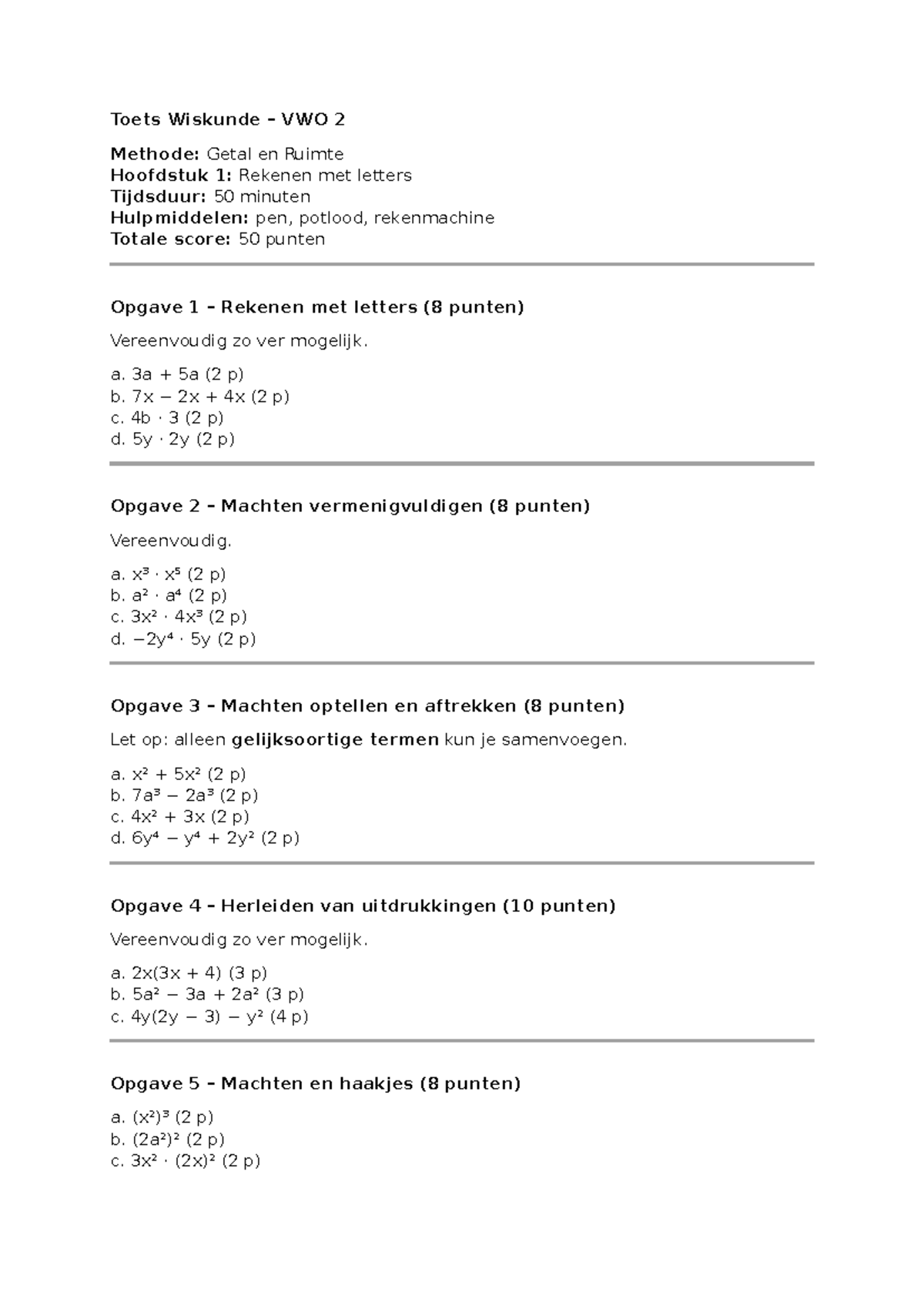 Toets Wiskunde VWO 2 - Hoofdstuk 1: Rekenen met letters (Getal en ...
