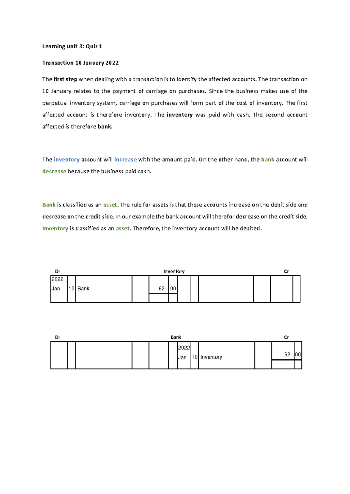 Learning Unit 3: Quiz 1 on 10 January Transaction Analysis - Studocu