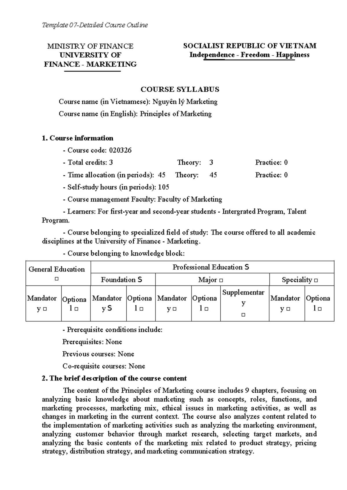 Principles of Marketing Syllabus 020326 - Course Outline 2025 - Studocu