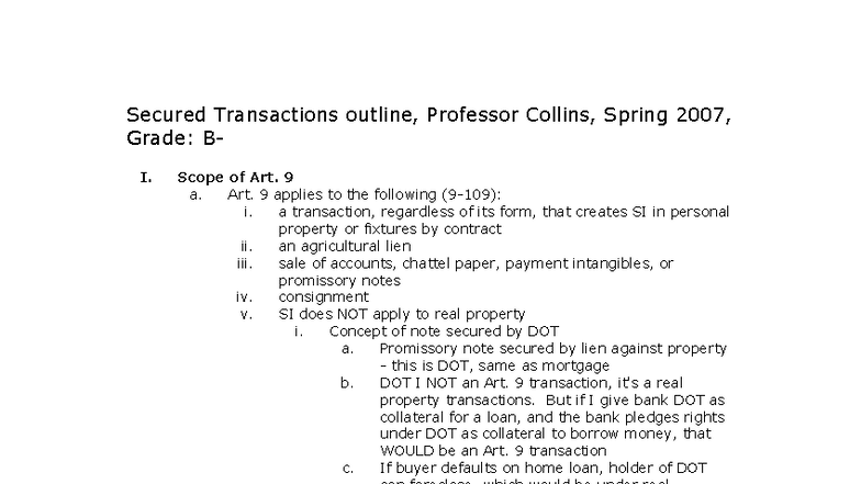 Secured Transactions Outline (LAW 501) - Prof. Collins, Spring 2007 ...
