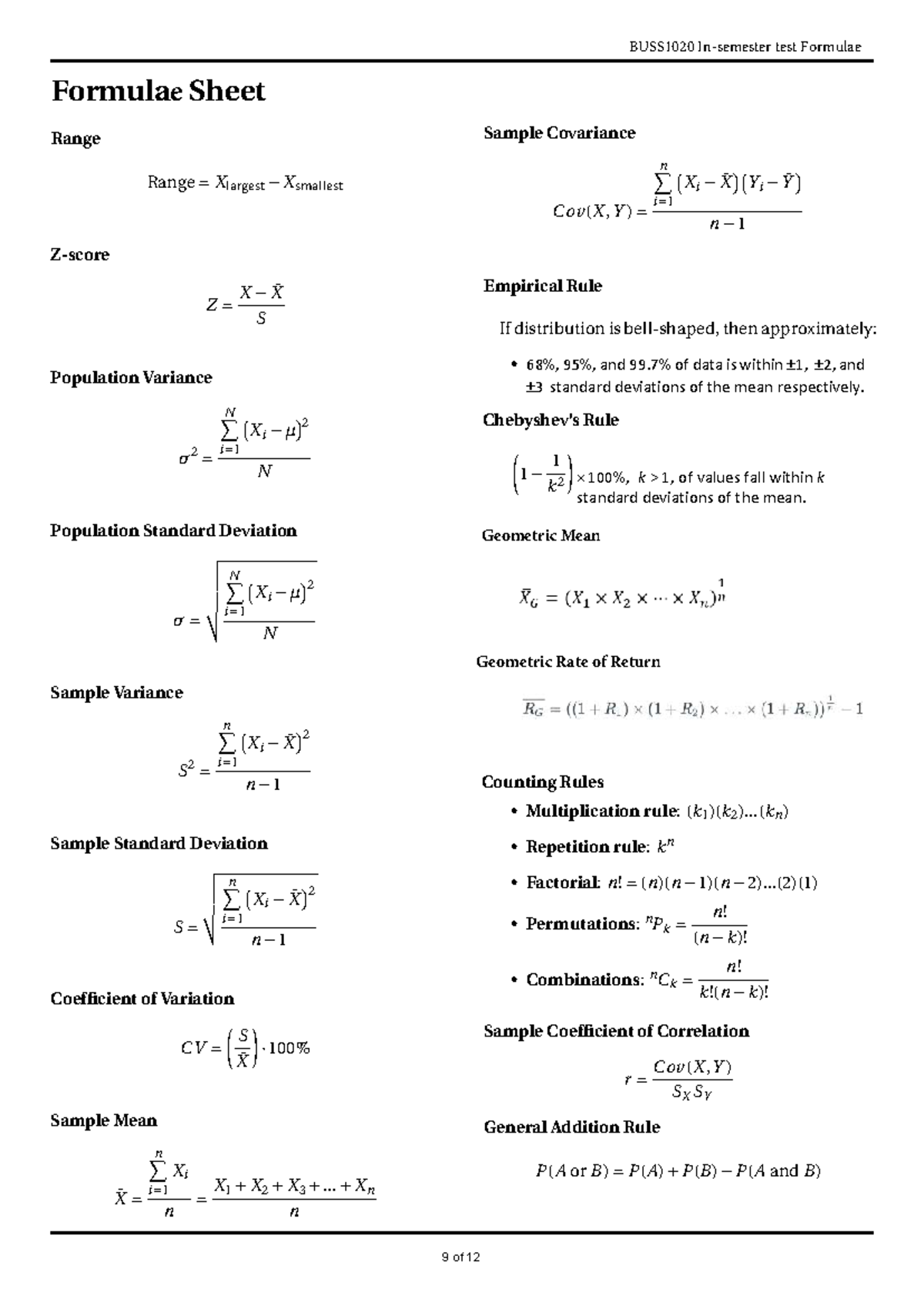 BUSS1020 Test Formulae Sheet for S1 2026 - Studocu
