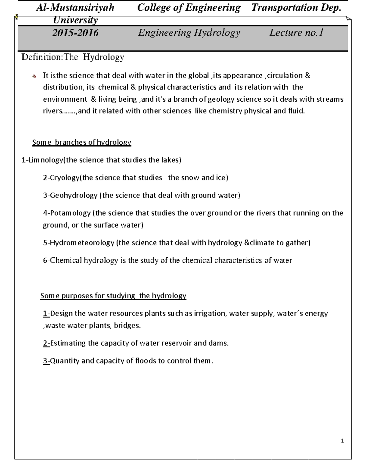Engineering Hydrology Lecture Notes (ENG 101) - Overview and Key ...