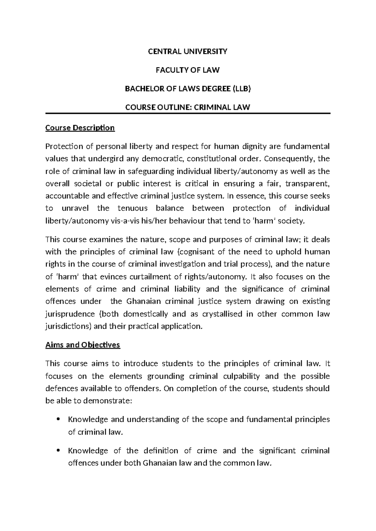 Criminal LAW I Course Outline: Key Principles and Content Overview ...