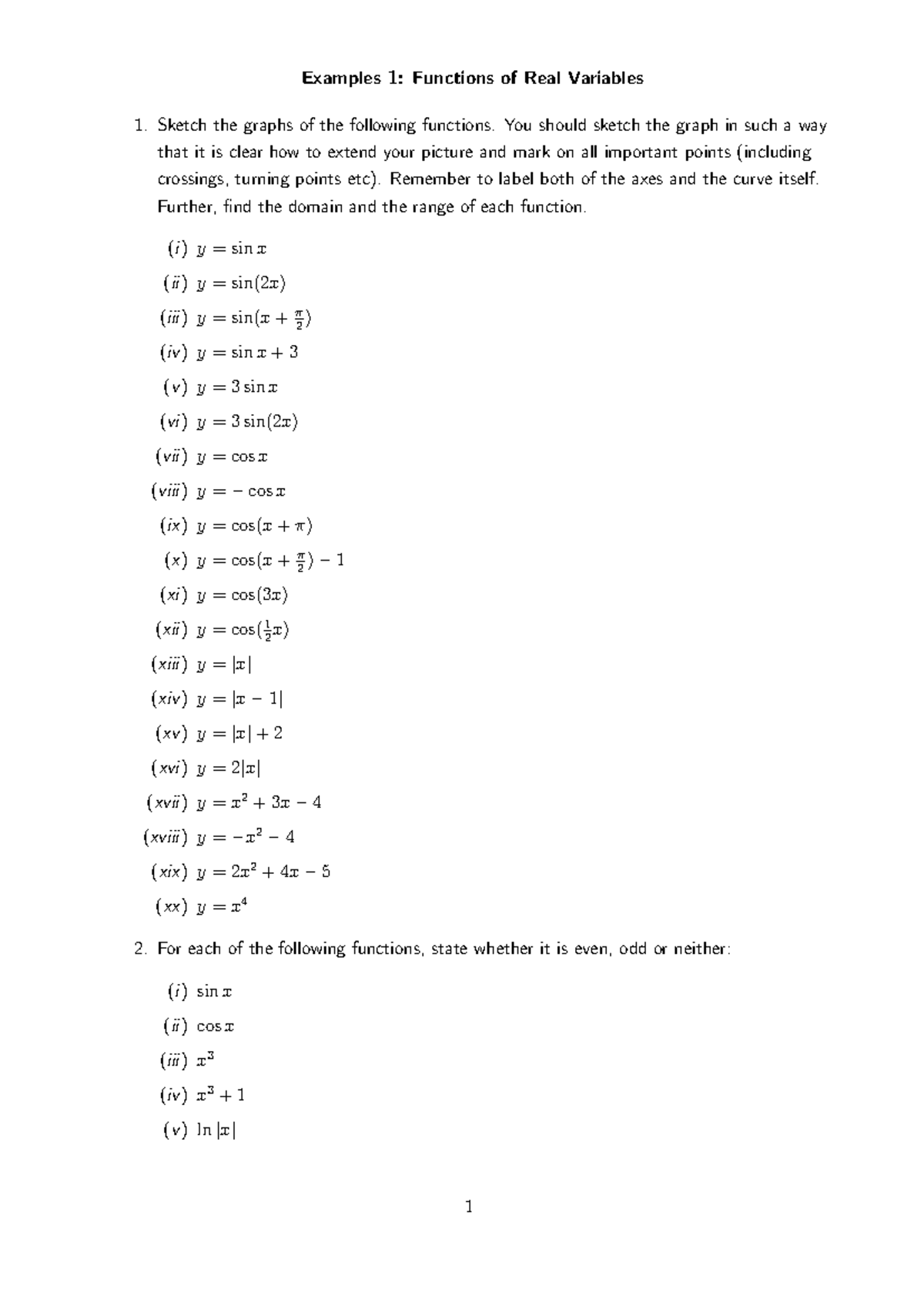 Functions of Real Variables: Exercises S1 - Graphs & Properties - Studocu