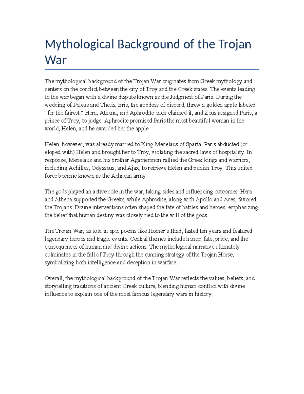 Mythological Background of the Trojan War (HIST 101) - Studocu