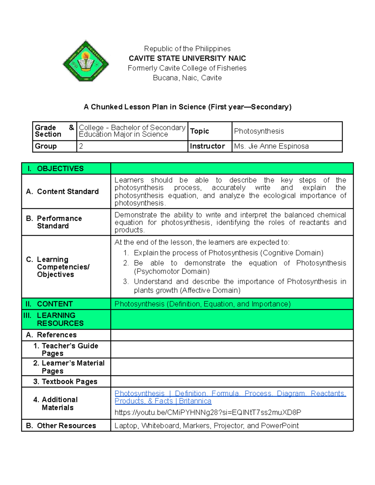 Chunked Lesson Plan on Photosynthesis for 1st Grade Science - Studocu