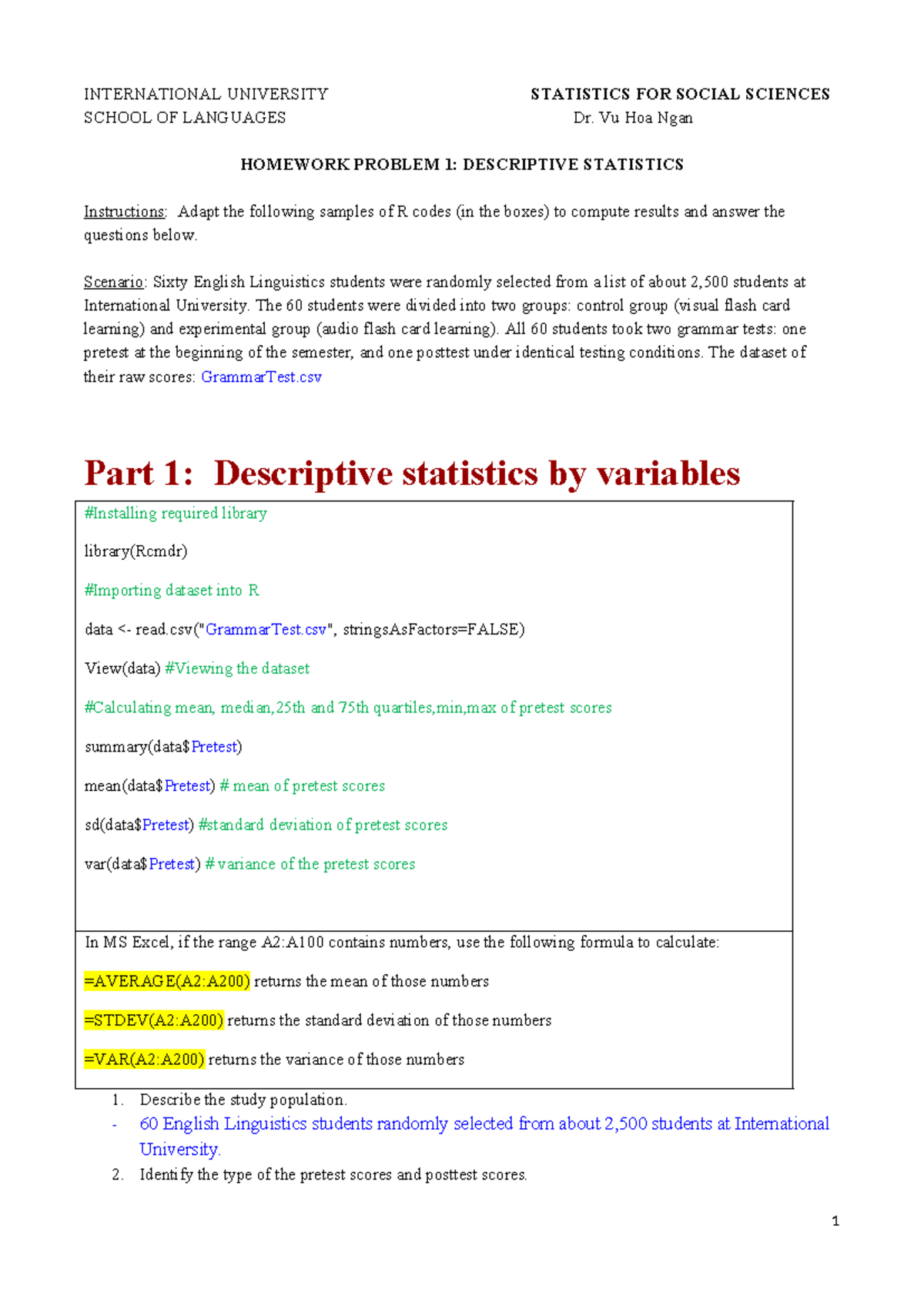 Stats 101: Descriptive Statistics Homework 1 Analysis and Results - Studocu