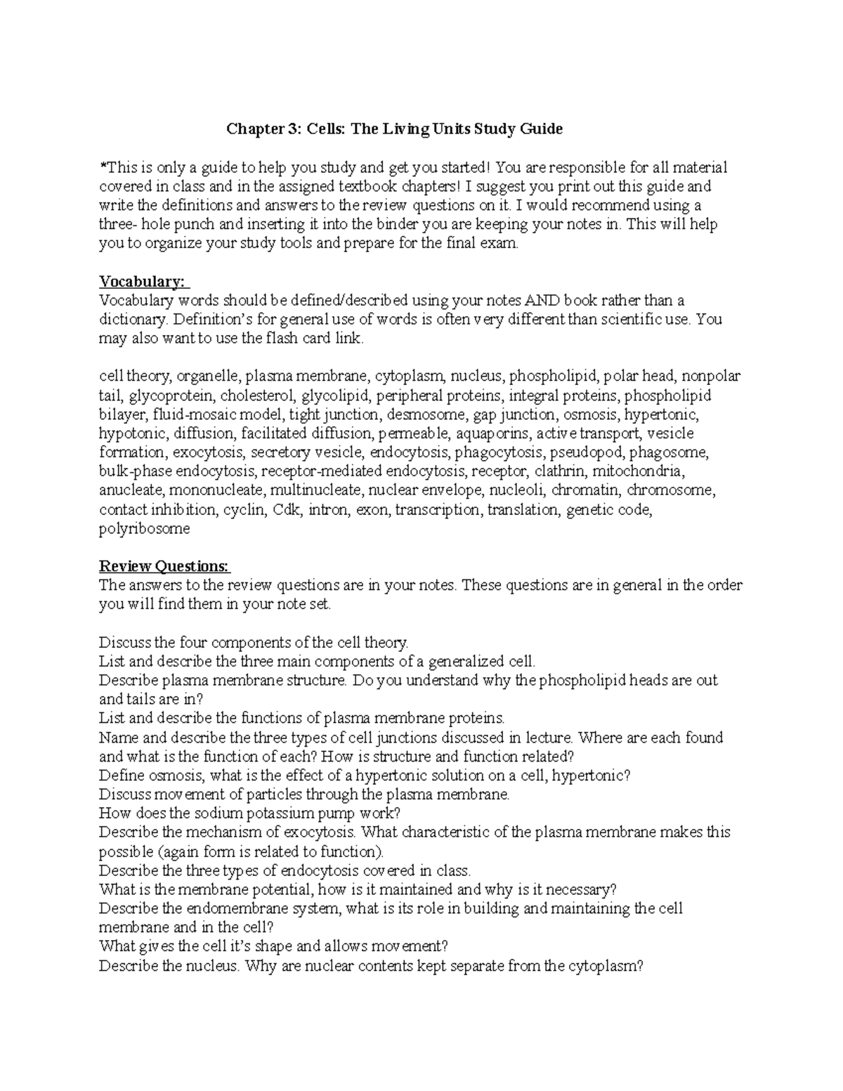 Chapter 3 Study Guide: Cells - The Living Units Overview for Final Exam ...