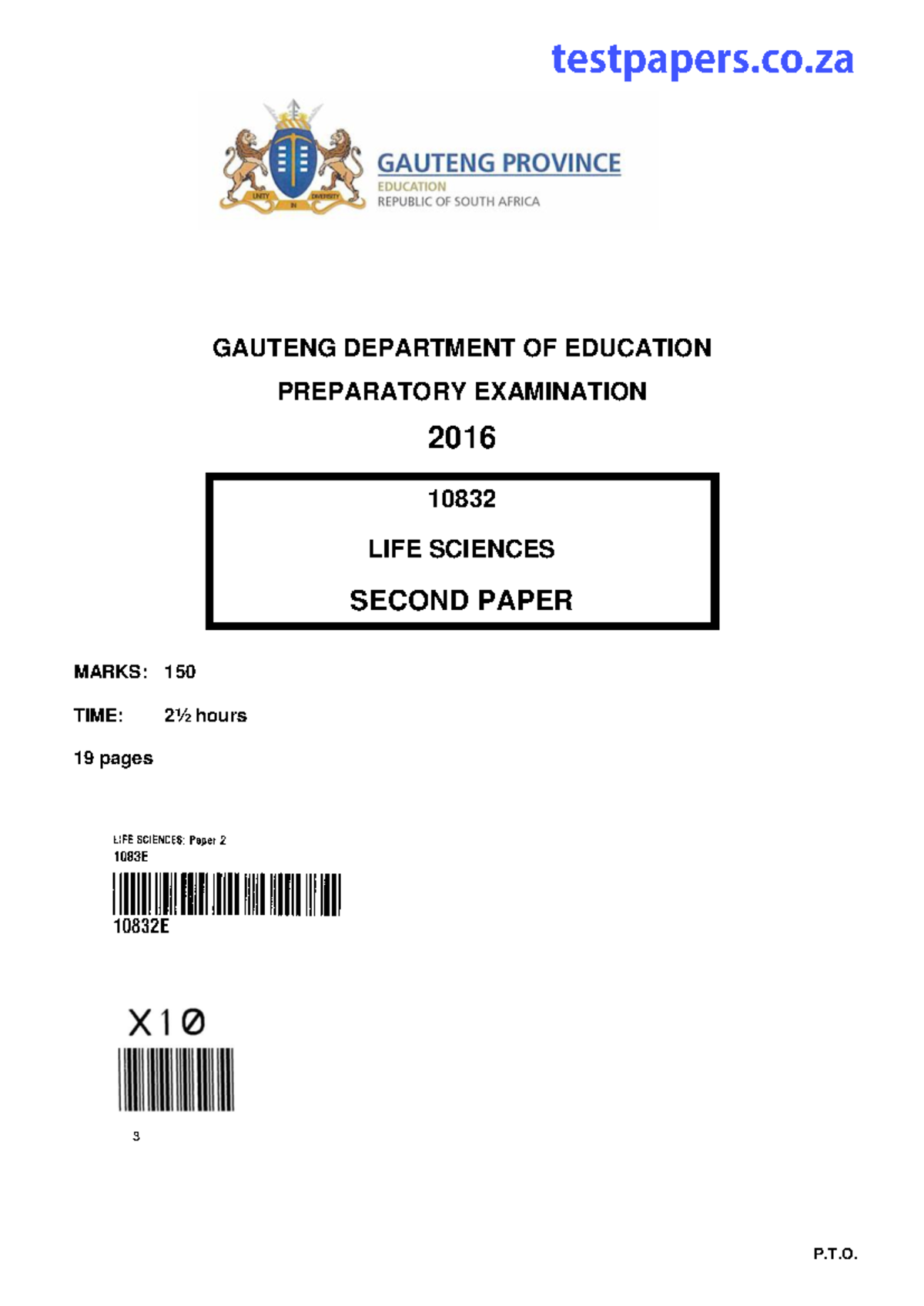 Grade 12 NSC Life Sciences P2-10832 2016 Preparatory Exam Paper - Studocu