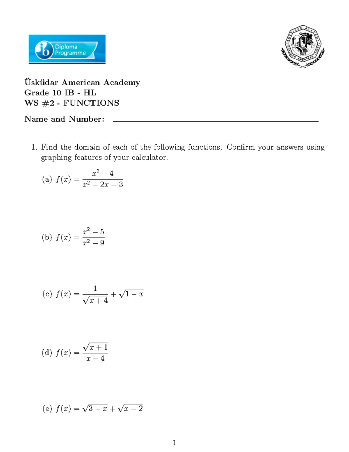 WS 1 Functions - Domain and Range Analysis for Grade 10 IB - HL - Studocu