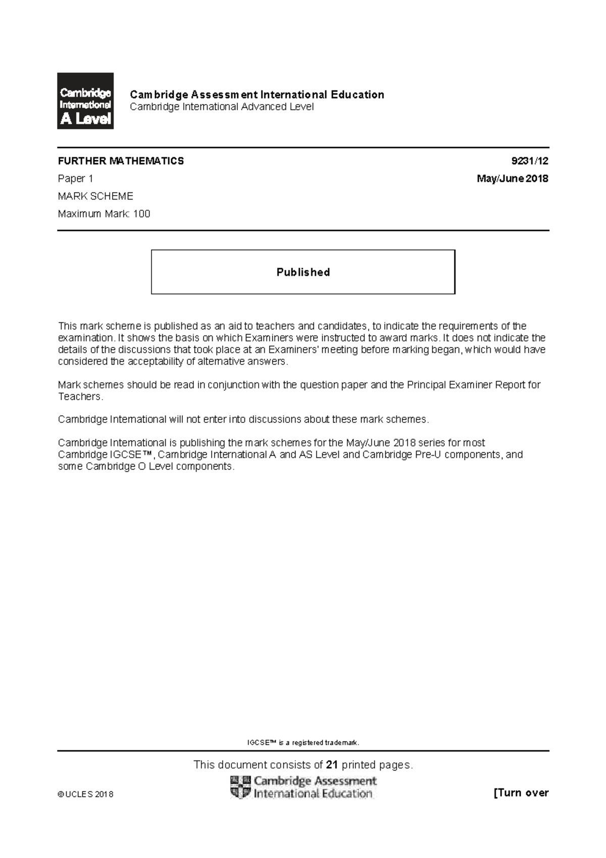 9231 s18 ms 12 - 12w - IGCSE™ is a registered trademark. This document ...