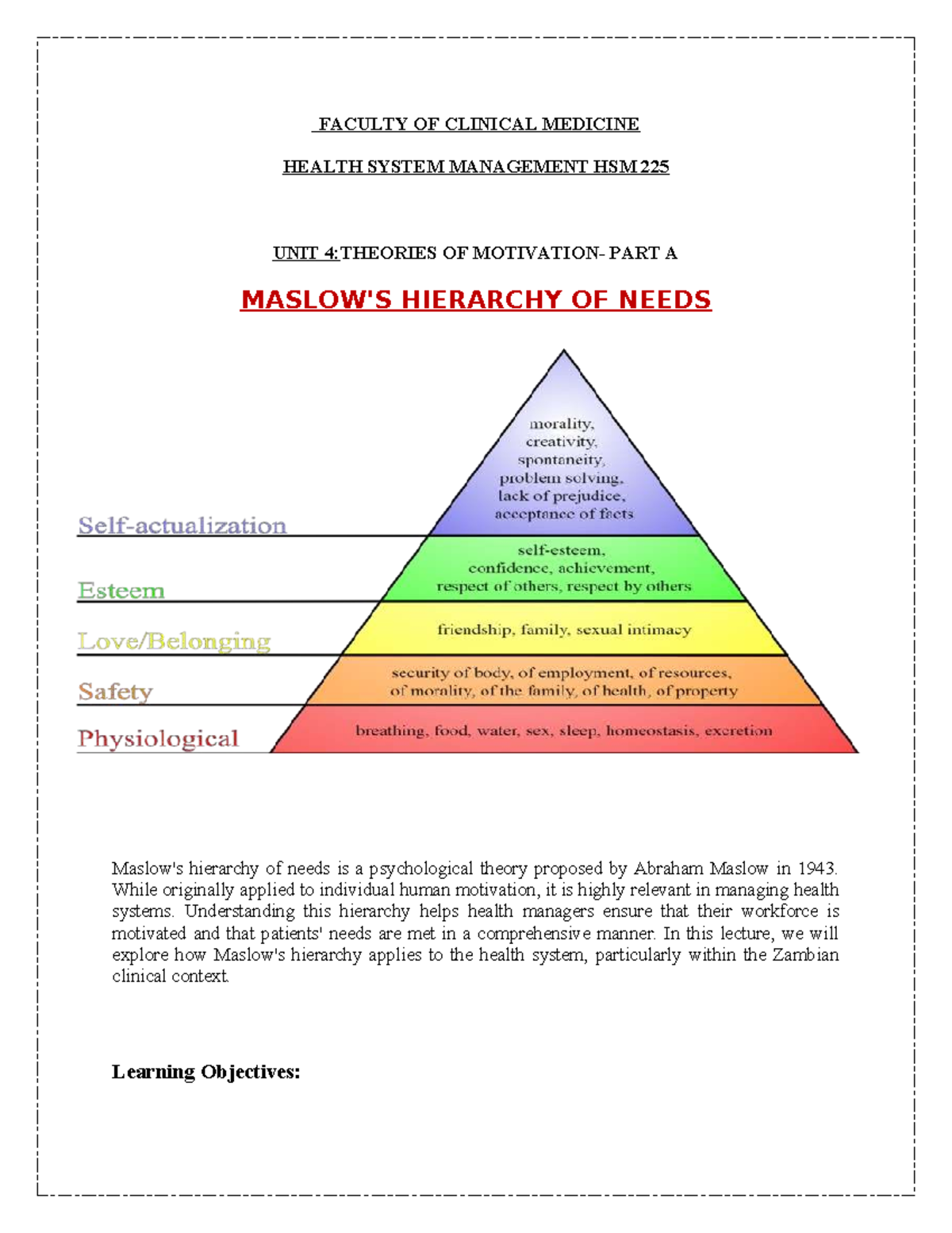 HSM 225 Unit 4A: Theories of Hierarchy of Needs in Health Management ...