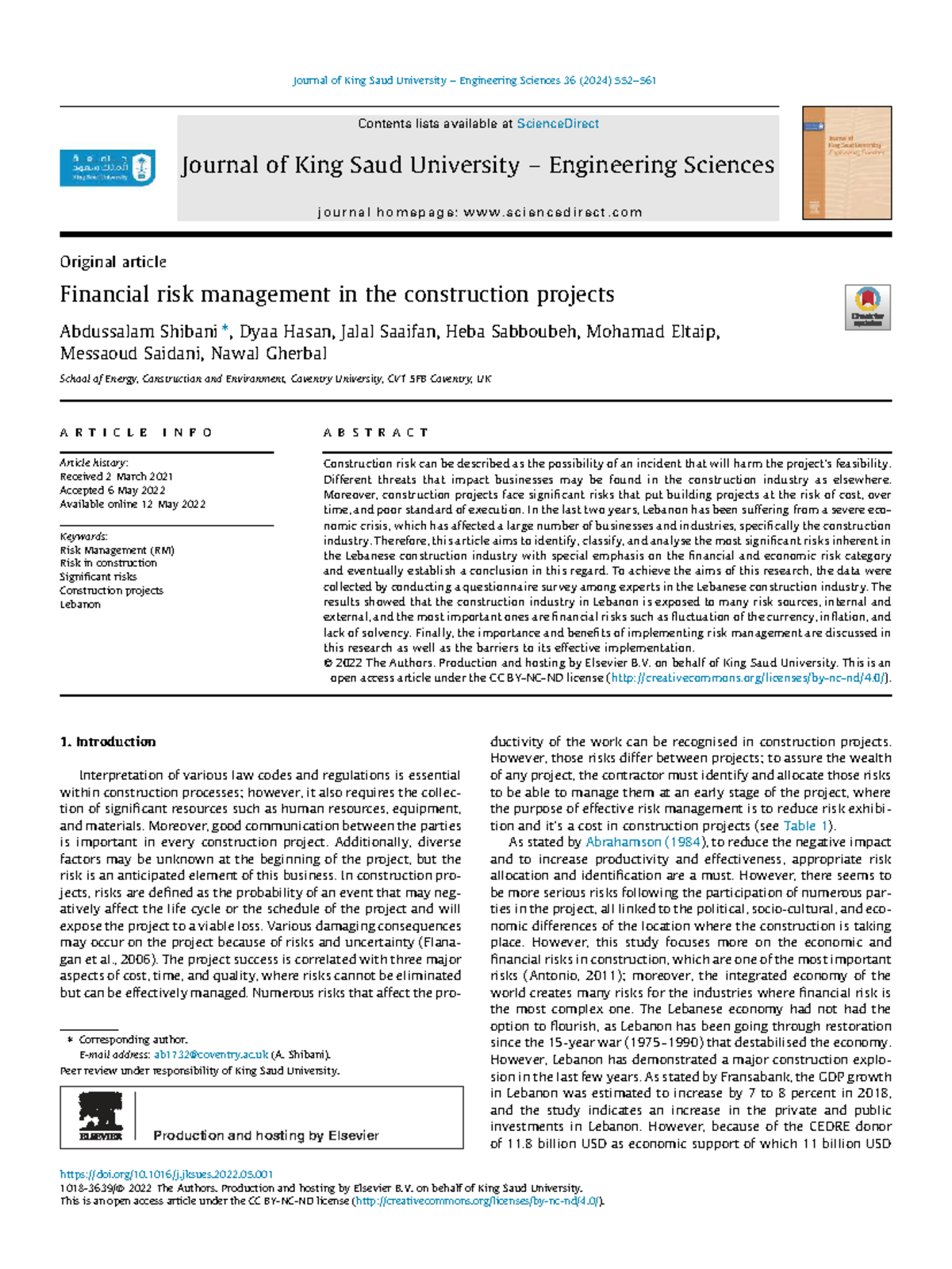 Financial Risk Management in Lebanese Construction Projects: Insights ...