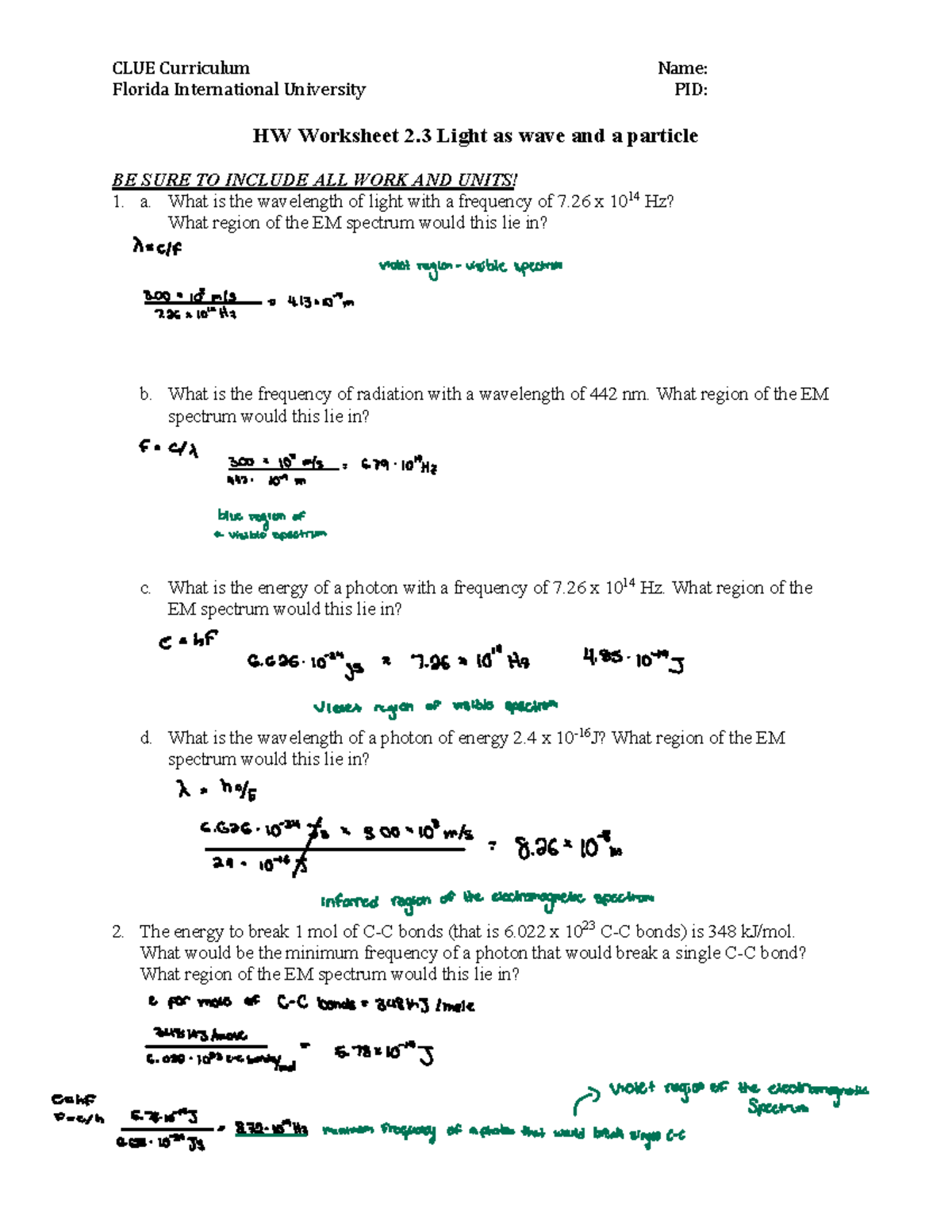 HW Worksheet 2.3: Light as a Wave and a Particle Analysis - Studocu