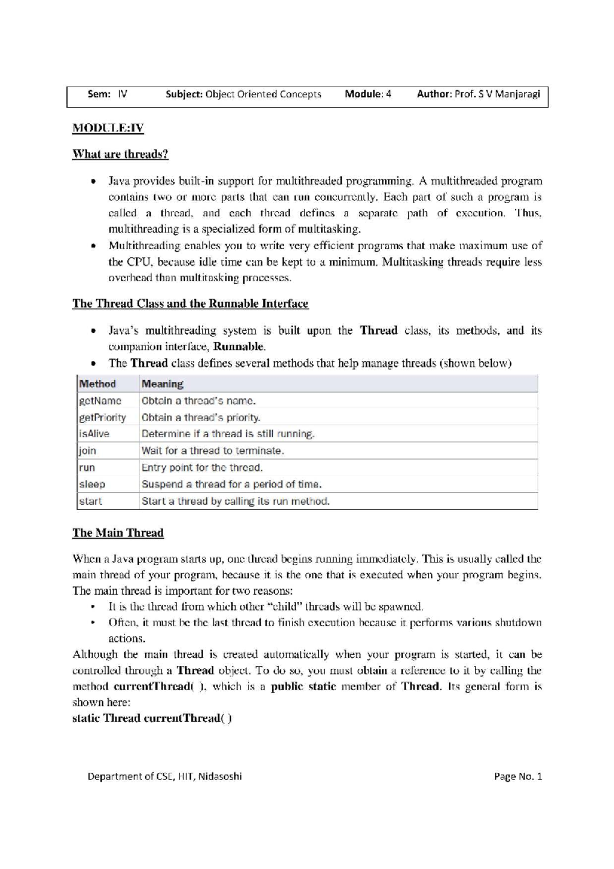 Object Oriented Concepts (CSE IV) - Module 4: Threads in Java - Studocu
