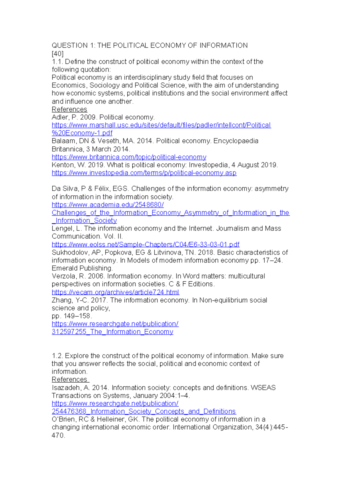 Political Economy of Information: Past Questions & Insights - Studocu