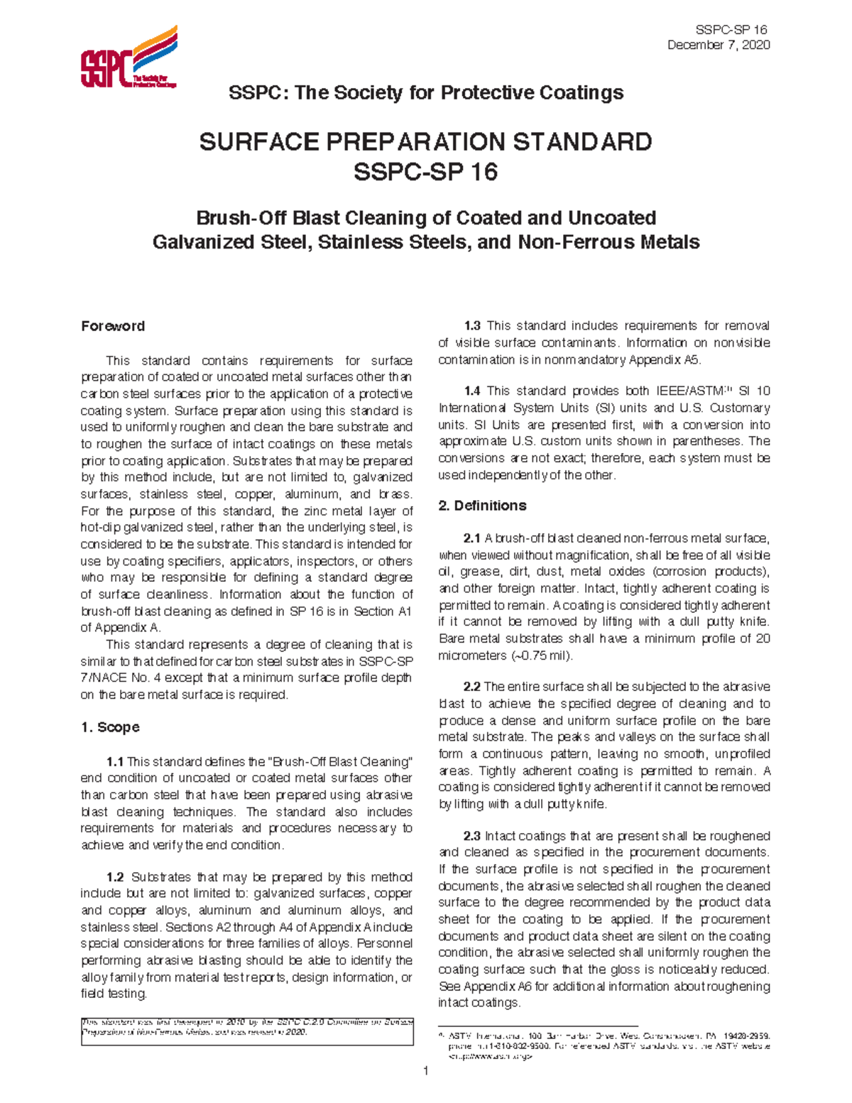 SSPC-SP 16 Standard: Brush-Off Blast Cleaning for Non-Ferrous Metals ...