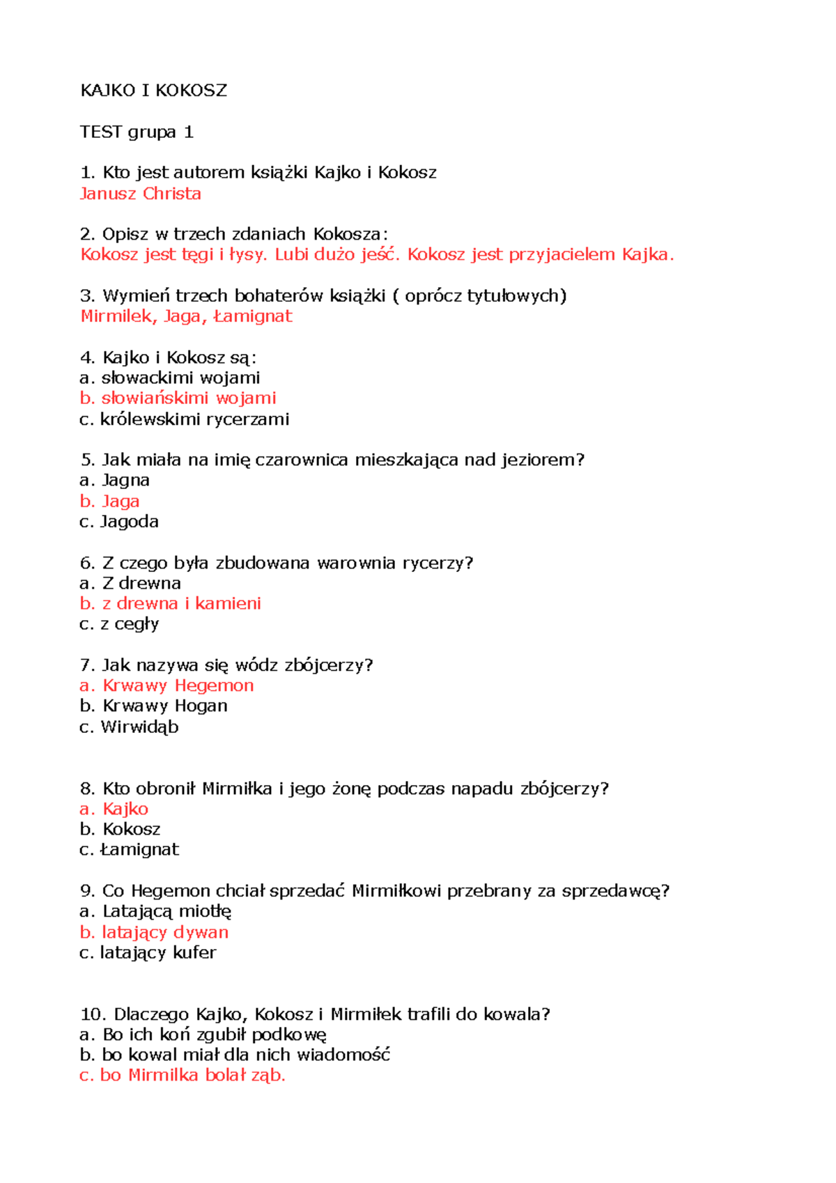 Kajko i Kokosz 1: Test Znajomości Postaci i Wydarzeń - Studocu