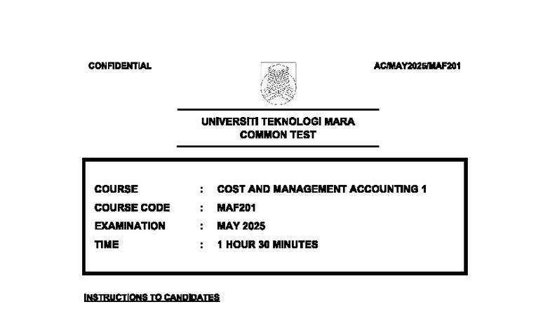 CT - Q MAF201 Common Test: Cost & Management Accounting 1 - Studocu