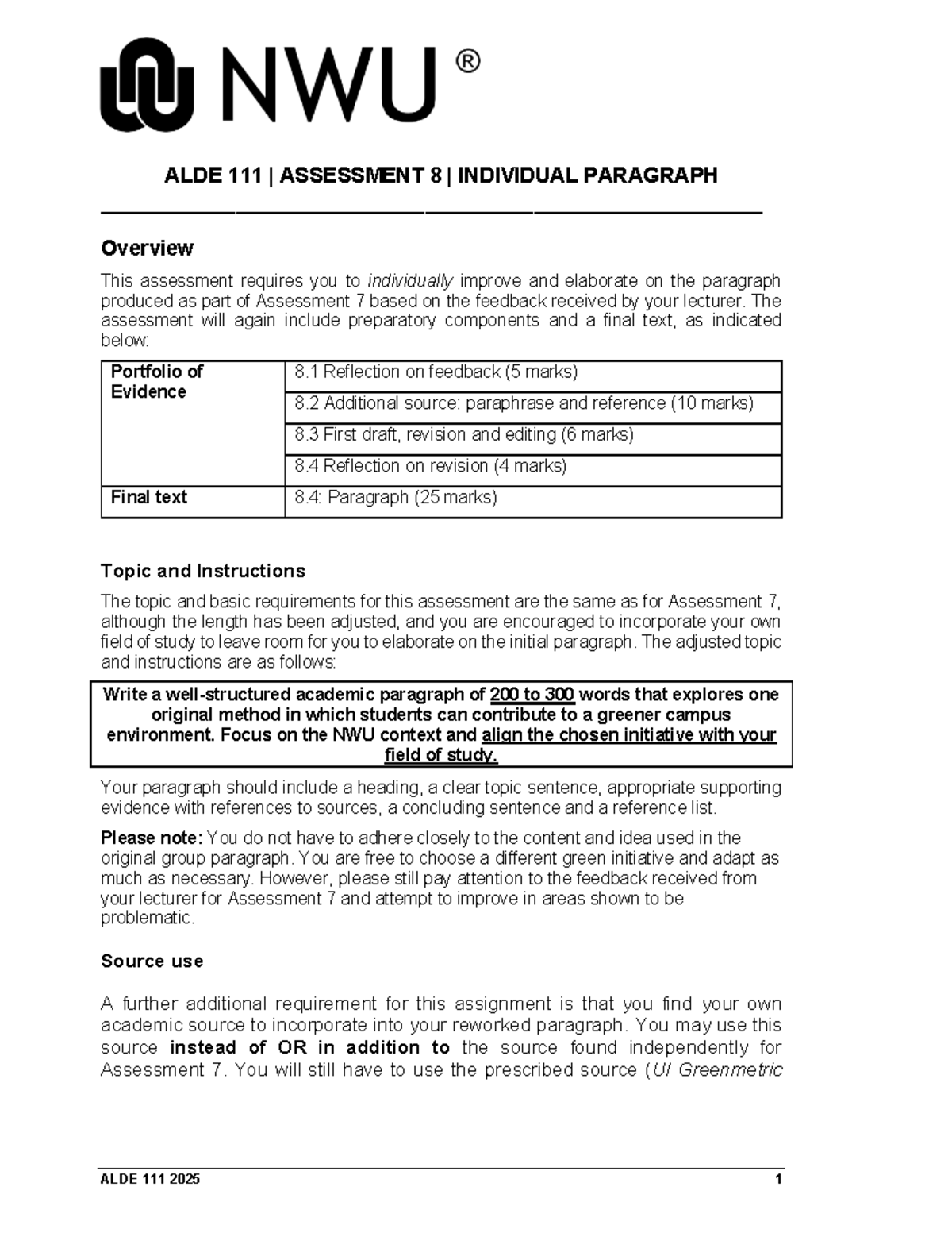 ALDE 2025 Assessment 8: Enhancing Individual Paragraph Skills - Studocu