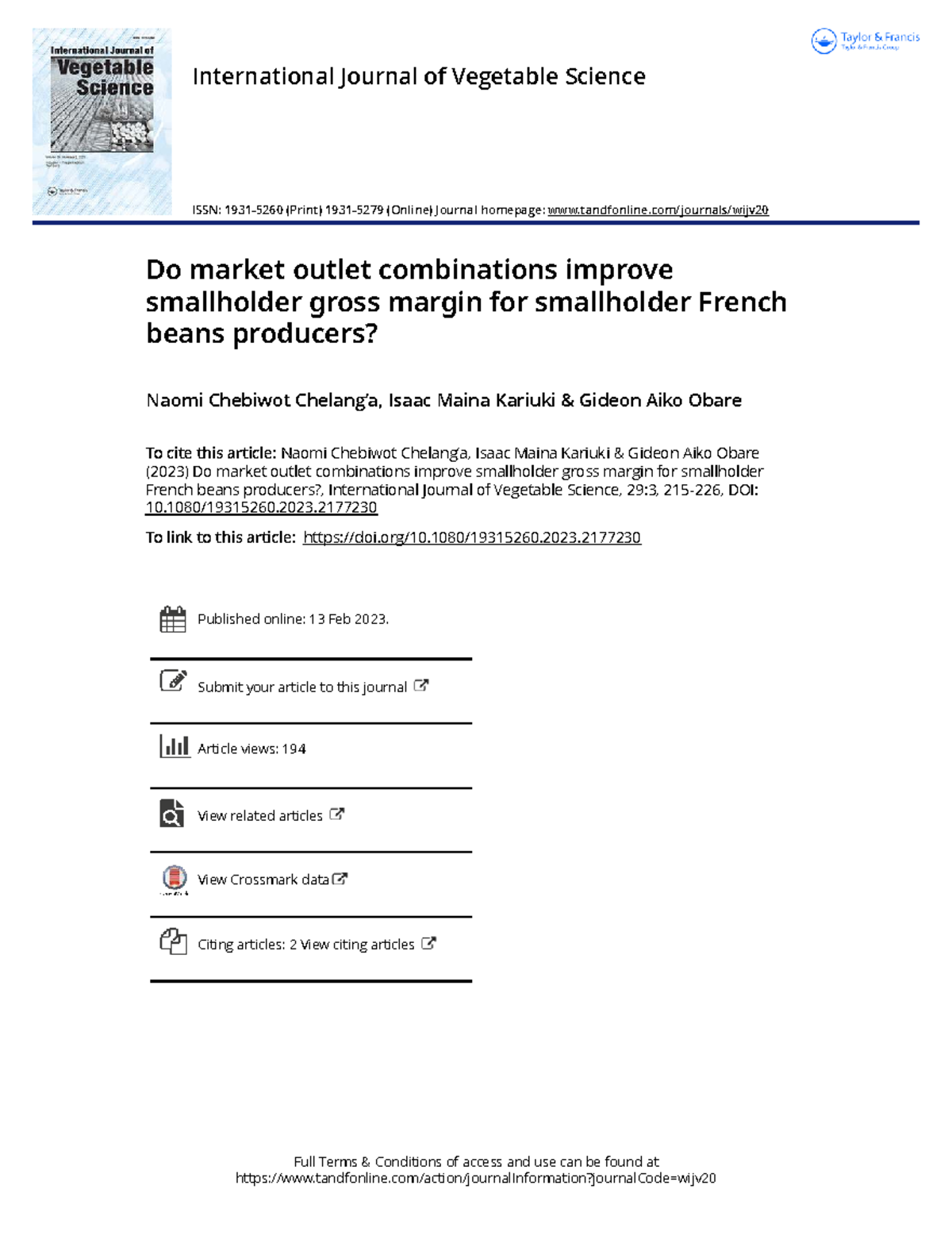Do Market Outlet Combinations Enhance Gross Margin for Smallholder ...