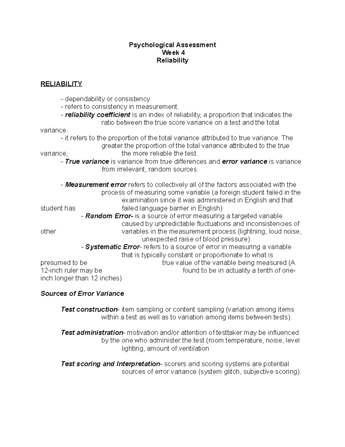 Psychological Assessment Week 4: Understanding Reliability and Error ...