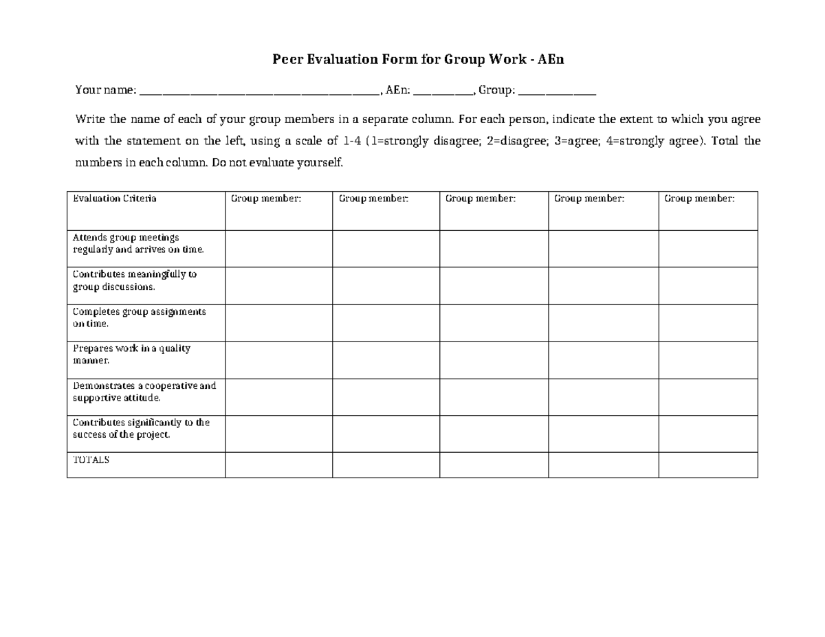 Peer Evaluation Form for Group Work - AEn - Studocu