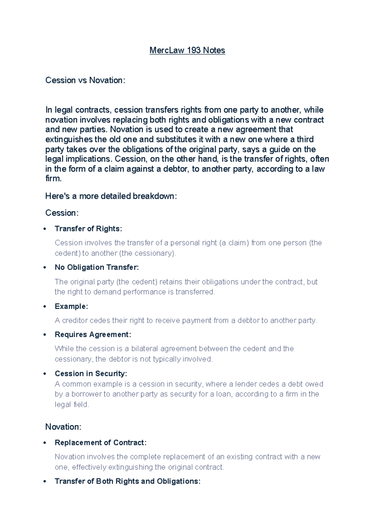 MercLaw 193 Notes: Understanding Cession vs Novation in Contracts - Studocu
