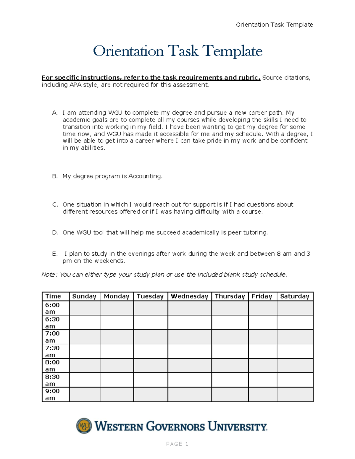 WGU Orientation Task Template: Academic Goals & Study Plan - Studocu