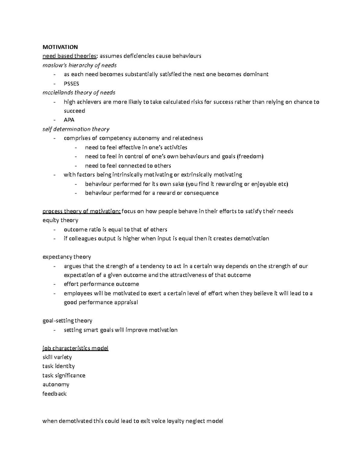 WORK2218 Exam Notes: Motivation Theories and Employee Engagement - Studocu