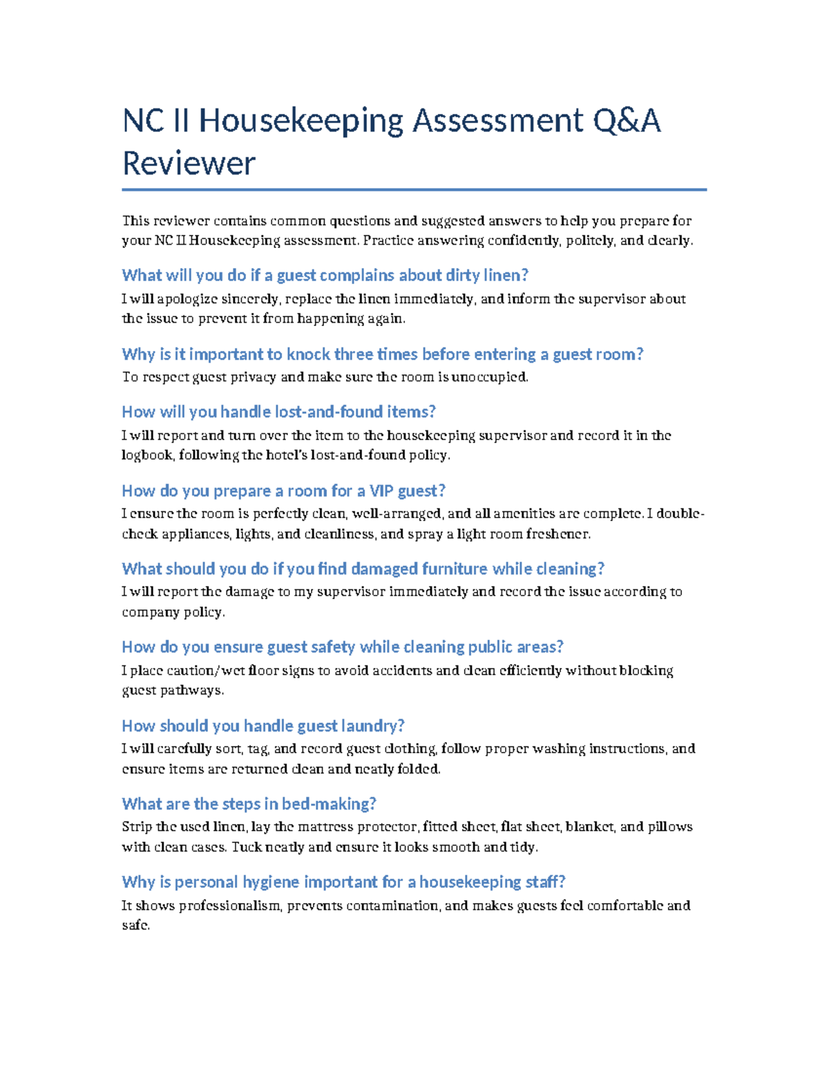 NC II Housekeeping Assessment QA Reviewer Guide - Studocu