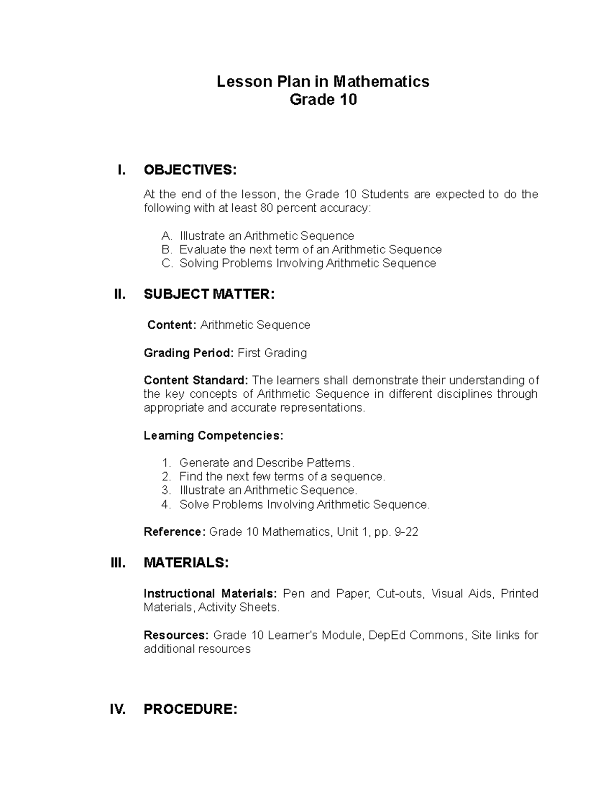 Lesson PLAN - for educational resources in mathematics - Lesson Plan in ...