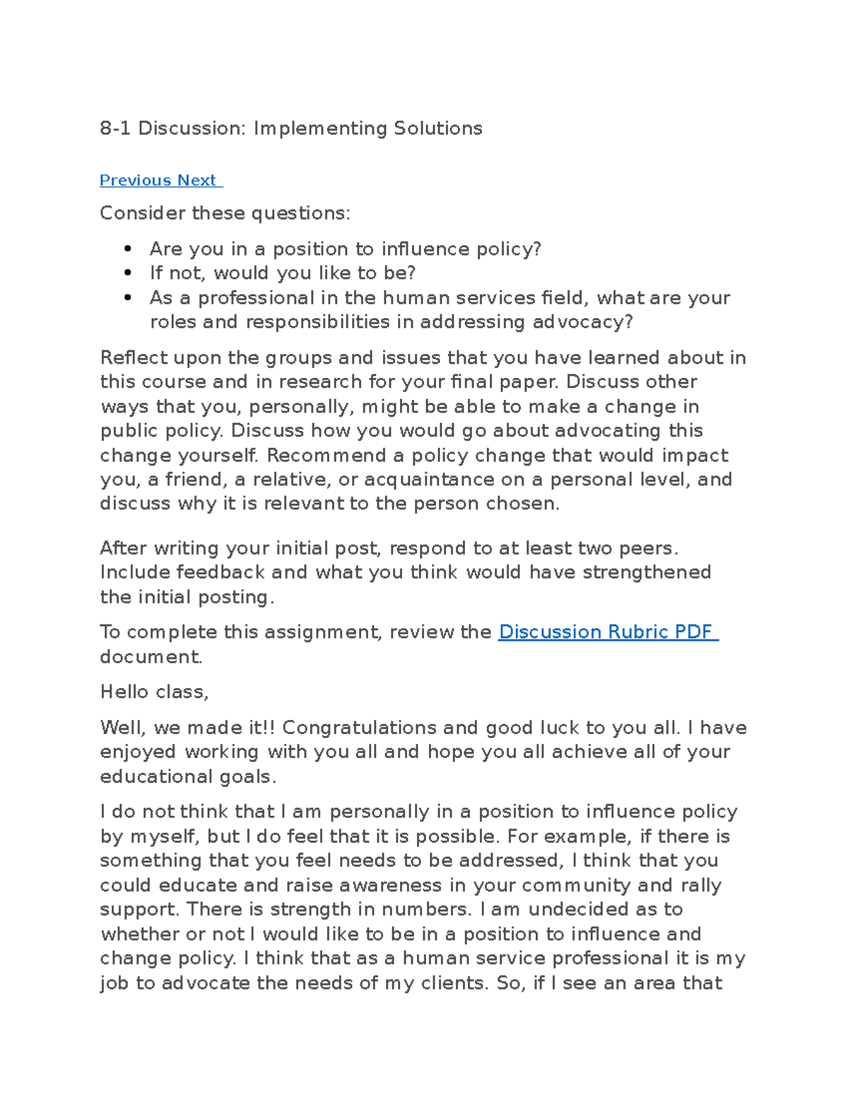 Discussion Question Week 8 Public Policy and Advocacy - Discussion ...