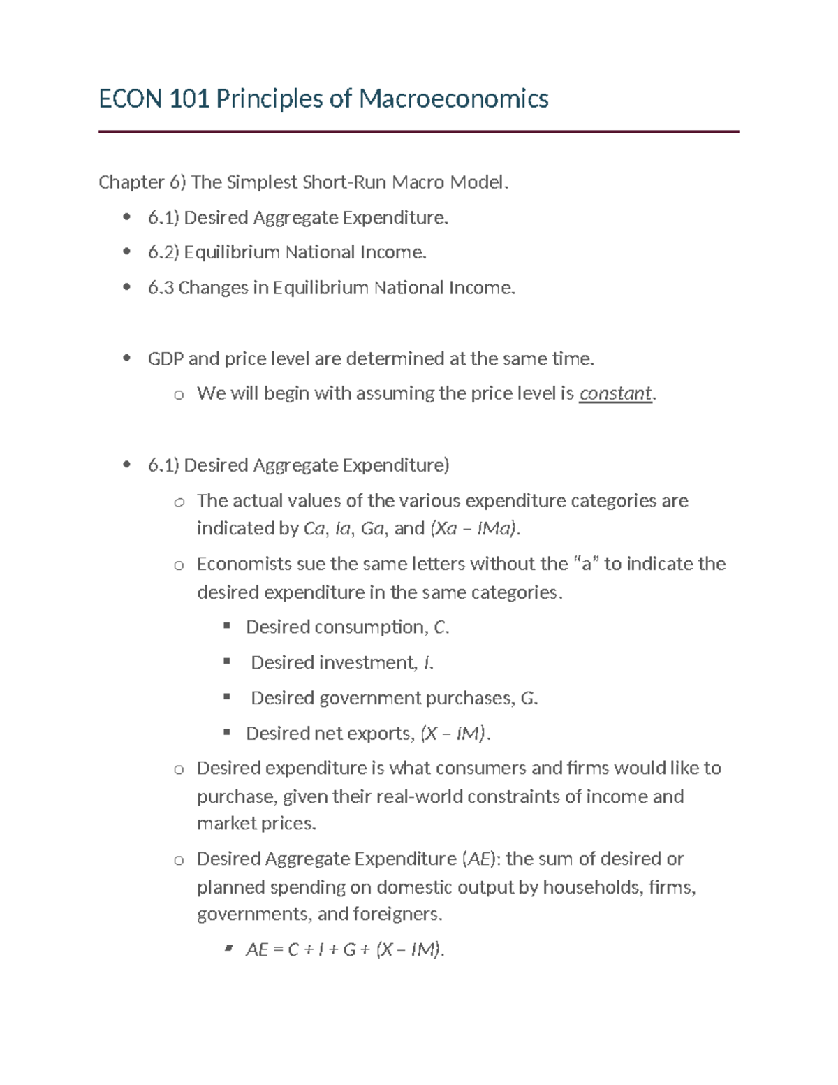 ECON 101 Principles of Macroeconomics Chapter 6: The simplest macro ...