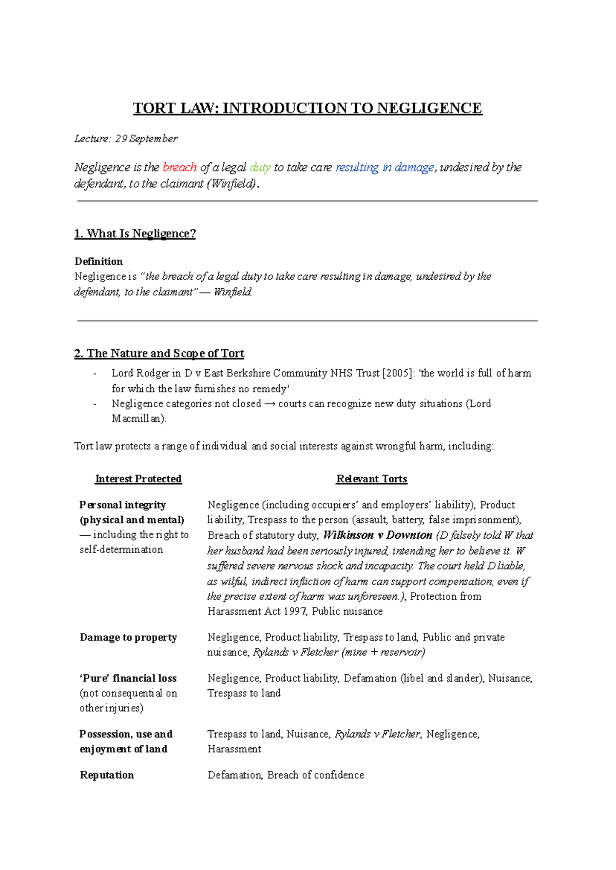 TORT 1: Lecture Notes on Negligence and Duty of Care - Studocu
