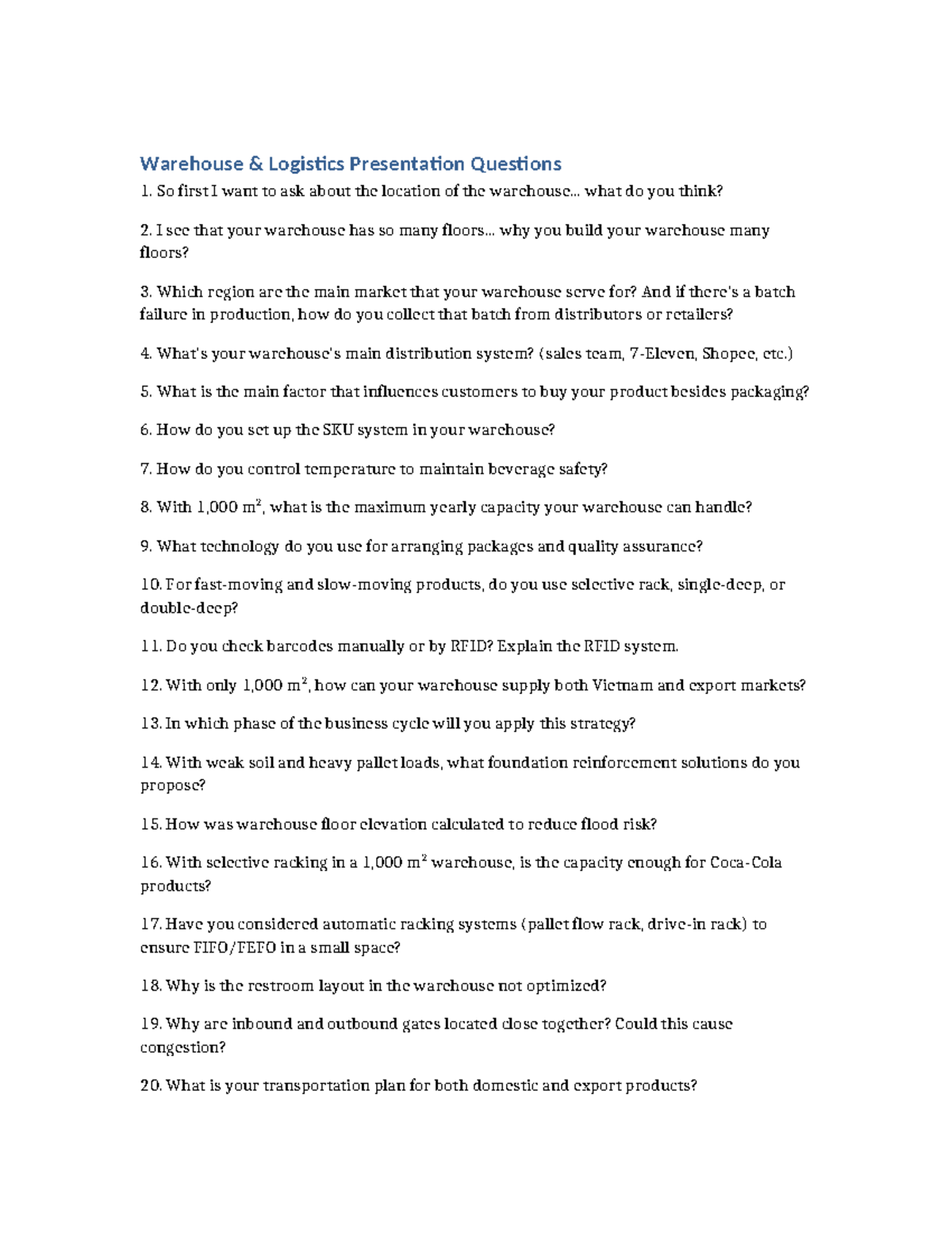 Logistics Questions for Warehouse Management Presentation - Studocu