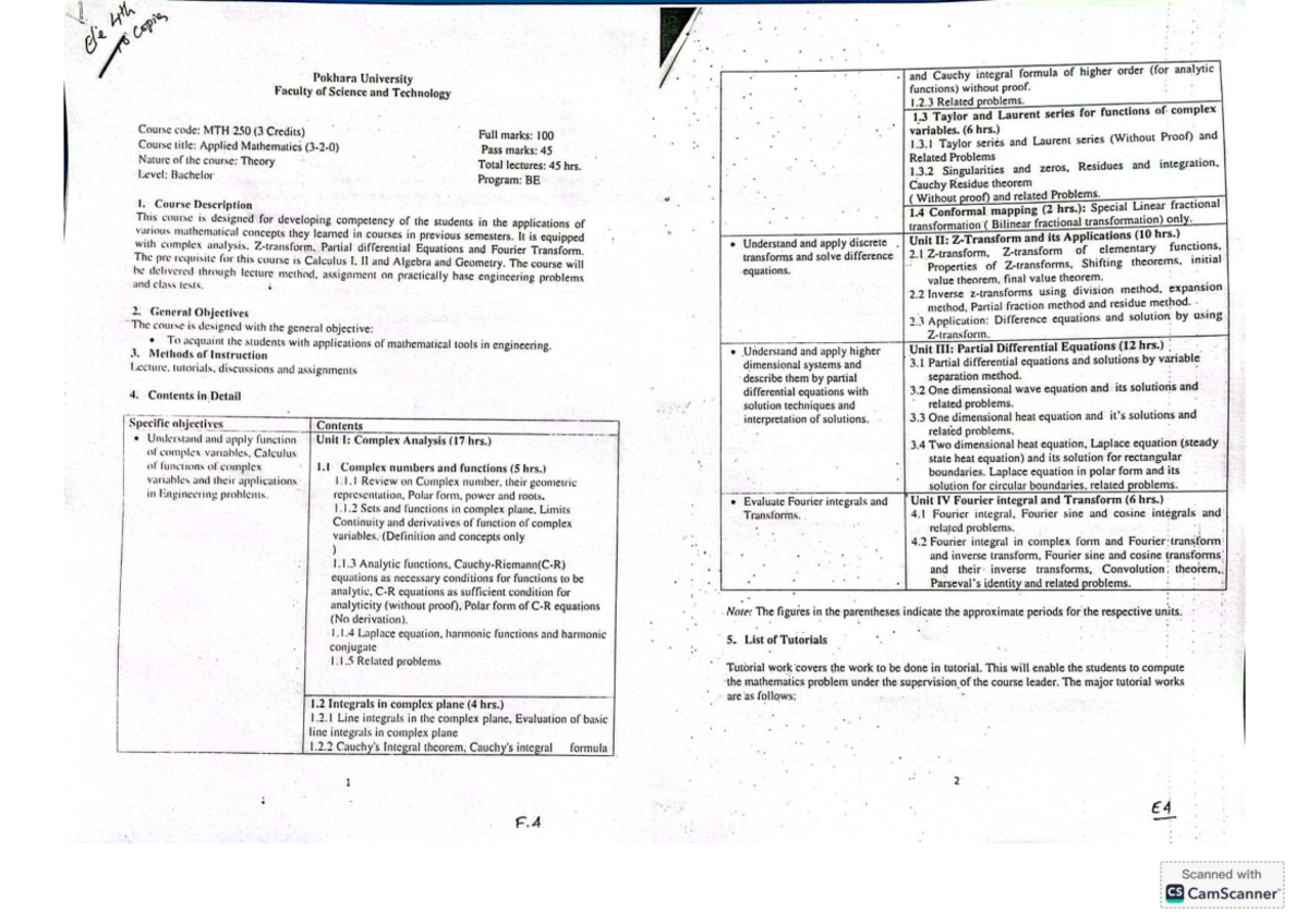 MTH 250: Applied Mathematics - Complex Analysis & Differential ...