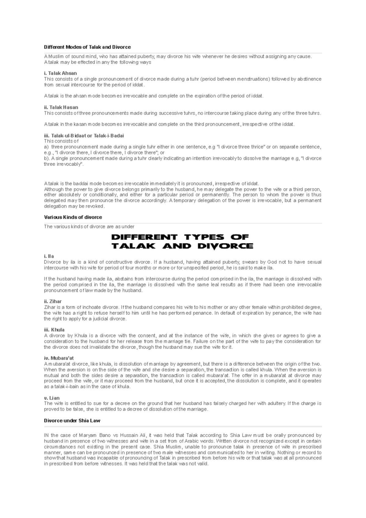 Different Modes of Talak and Divorce in Muslim Law - Studocu