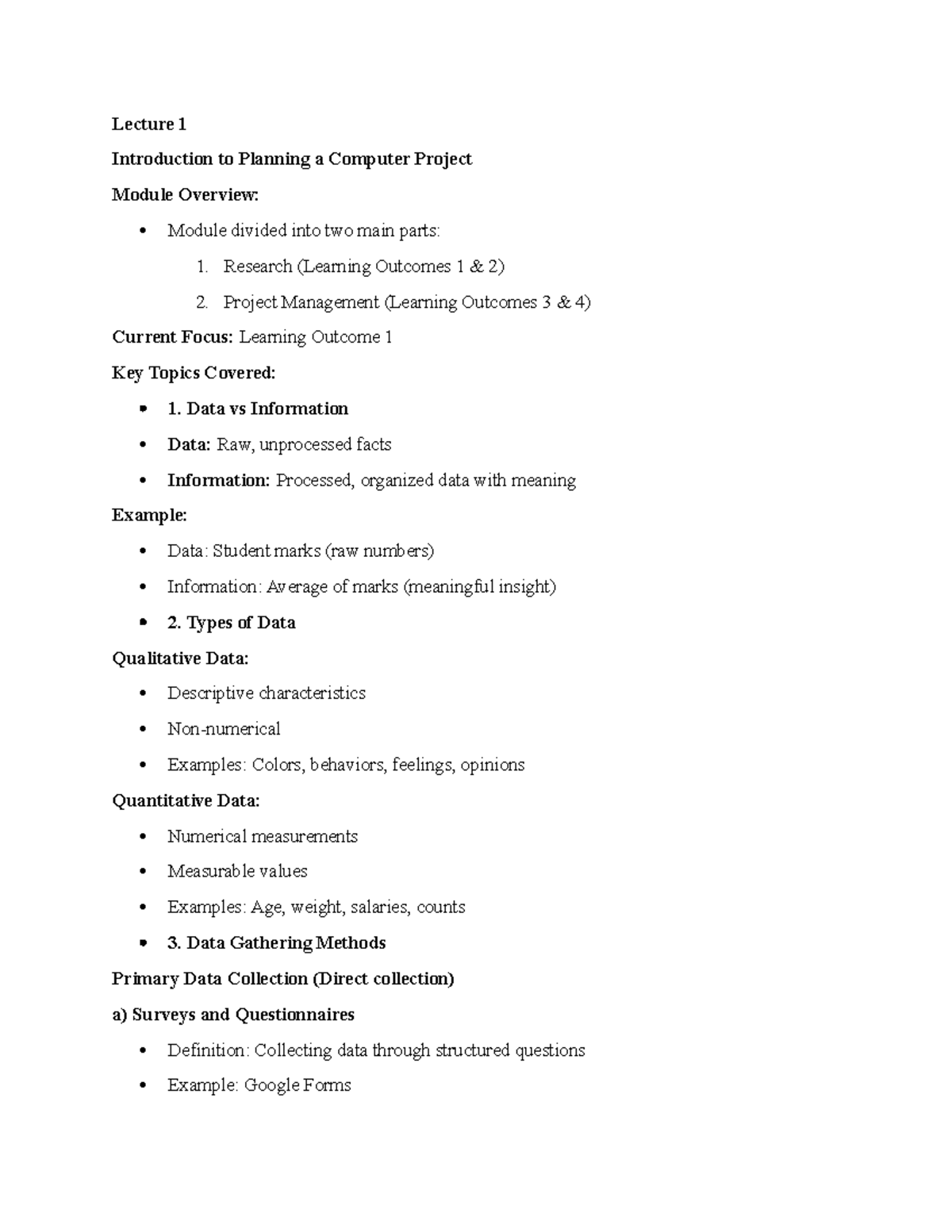 Lecture 1: Intro to Planning a Computer Project (Module Overview) - Studocu