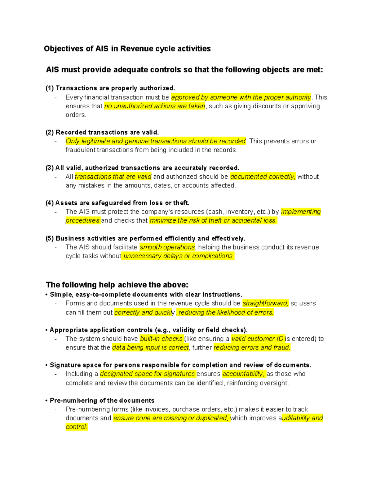 AIS Report: Key Notes on Revenue Cycle Activities and Controls - Studocu