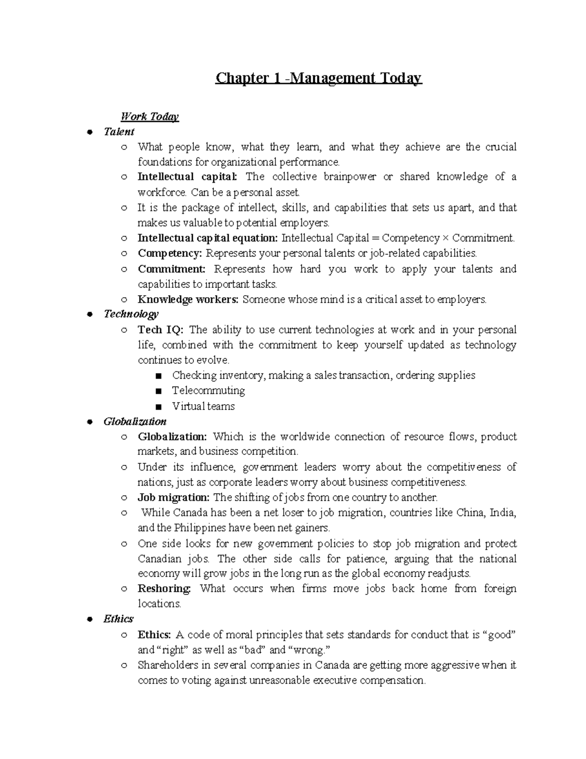 GMS 200 Exam Review - Chapter 1 -Management Today Work Today Talent ...