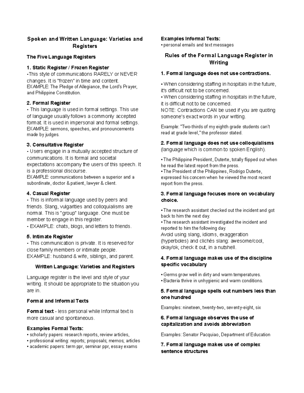 ST33 AH - Final Exam Notes on Language Registers and Writing Techniques ...