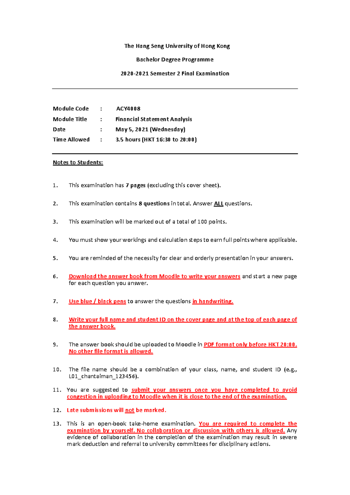 ACY4008 Financial Statement Analysis 2021 S2 Final Exam Questions - Studocu