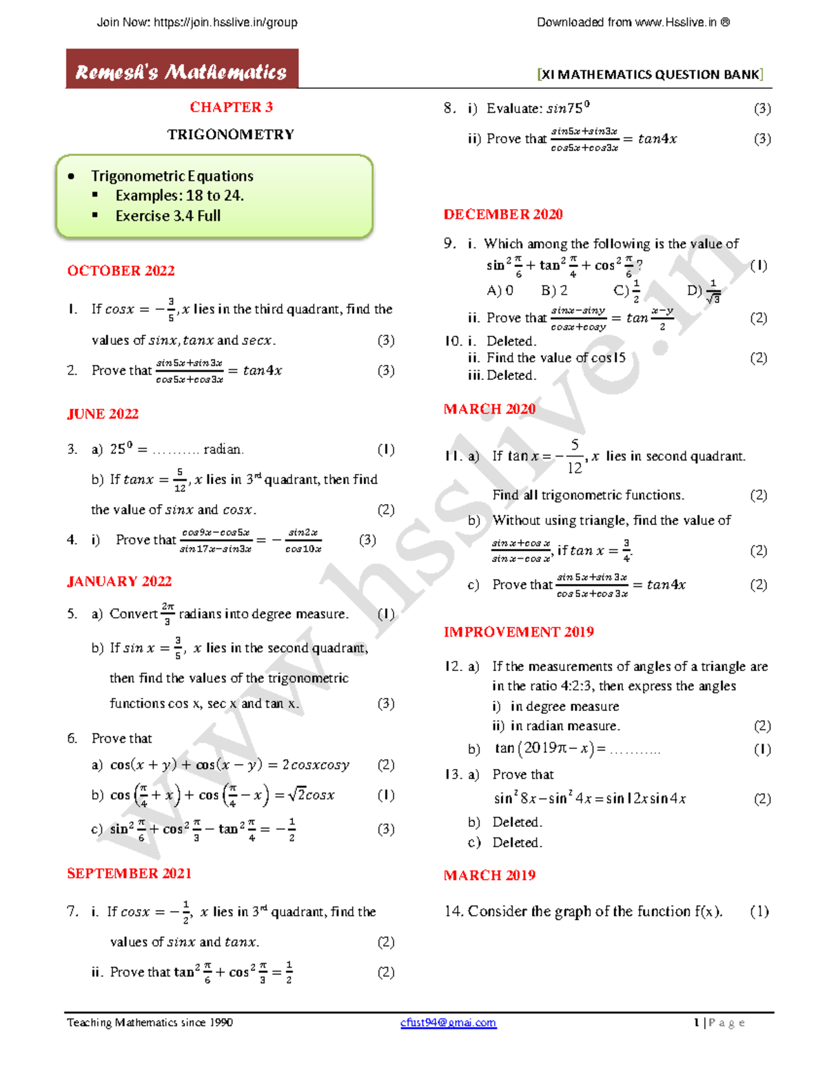 XI Mathematics QB Chapter 3: Trigonometry Previous Year Questions - Studocu